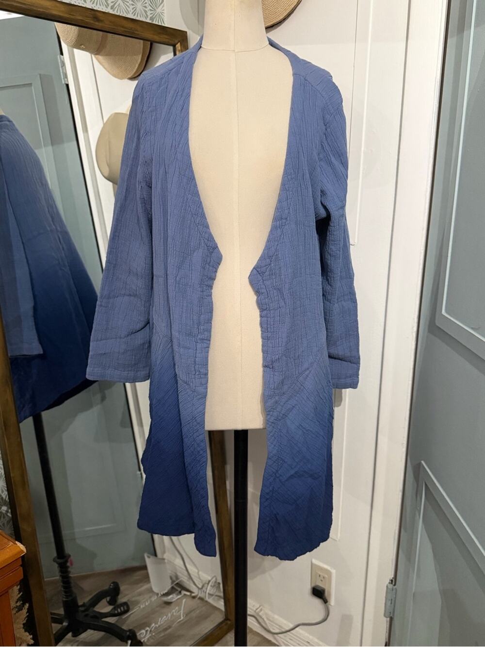 Soft Surroundings Blue Gauze Tie-Dye Open Long Coverup Kimono Cardigan